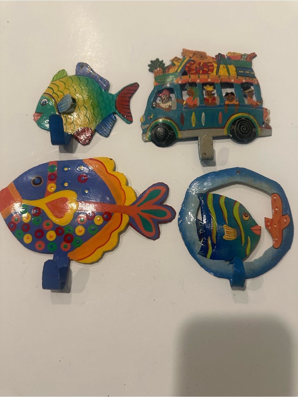 Steal Drum Art - Colorful Fish & Bus Wall Hooks Set - Blue, Yellow, Green, Red